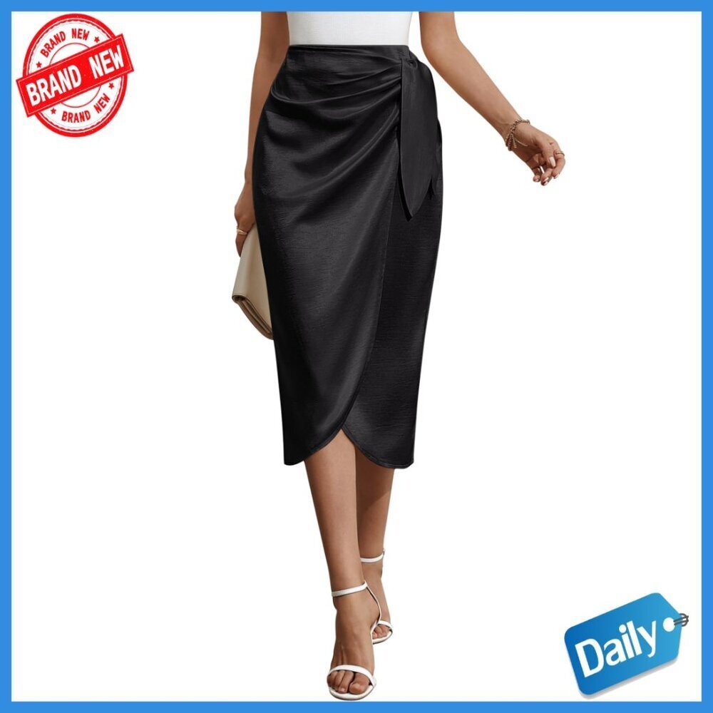 Satin Midi Skirt High Waist Wrap Knot Front Ruched Cocktail Party